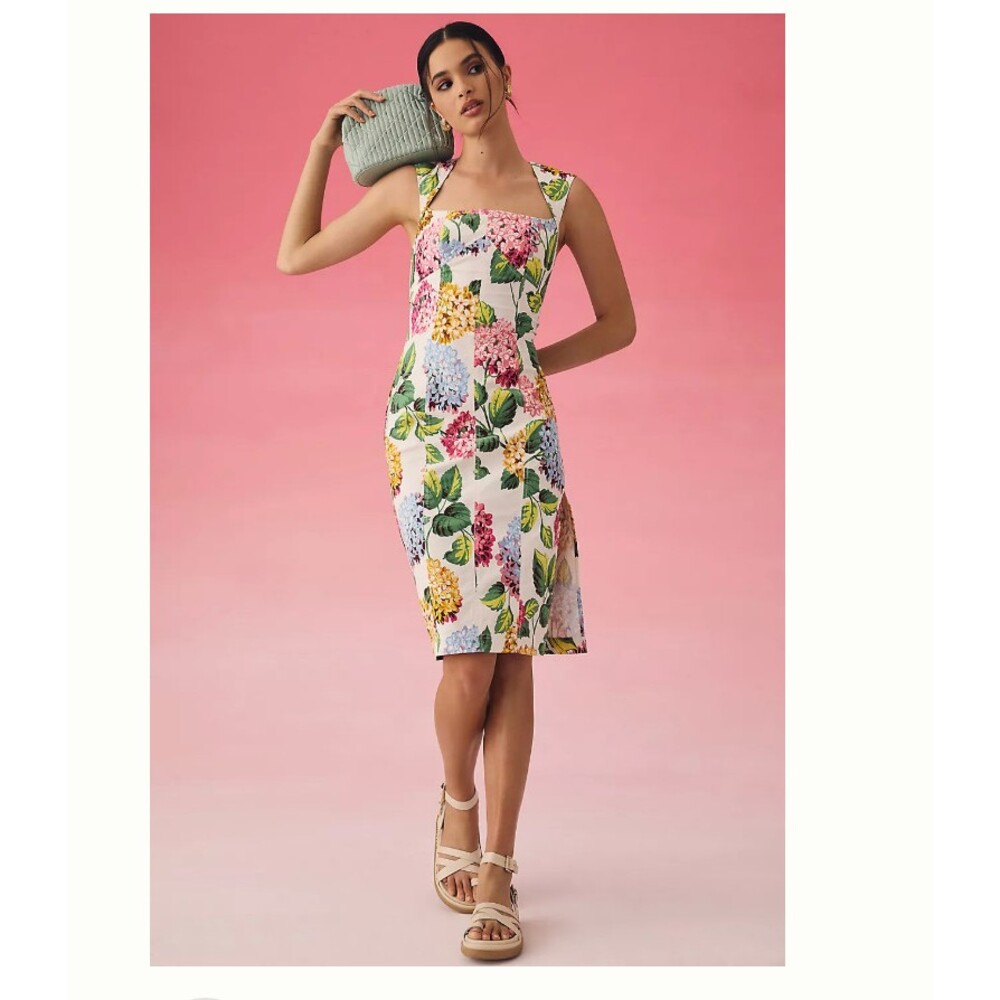Anthropologie Slim Square-Neck Dress Womens 4 White Floral Sheath Knee Length